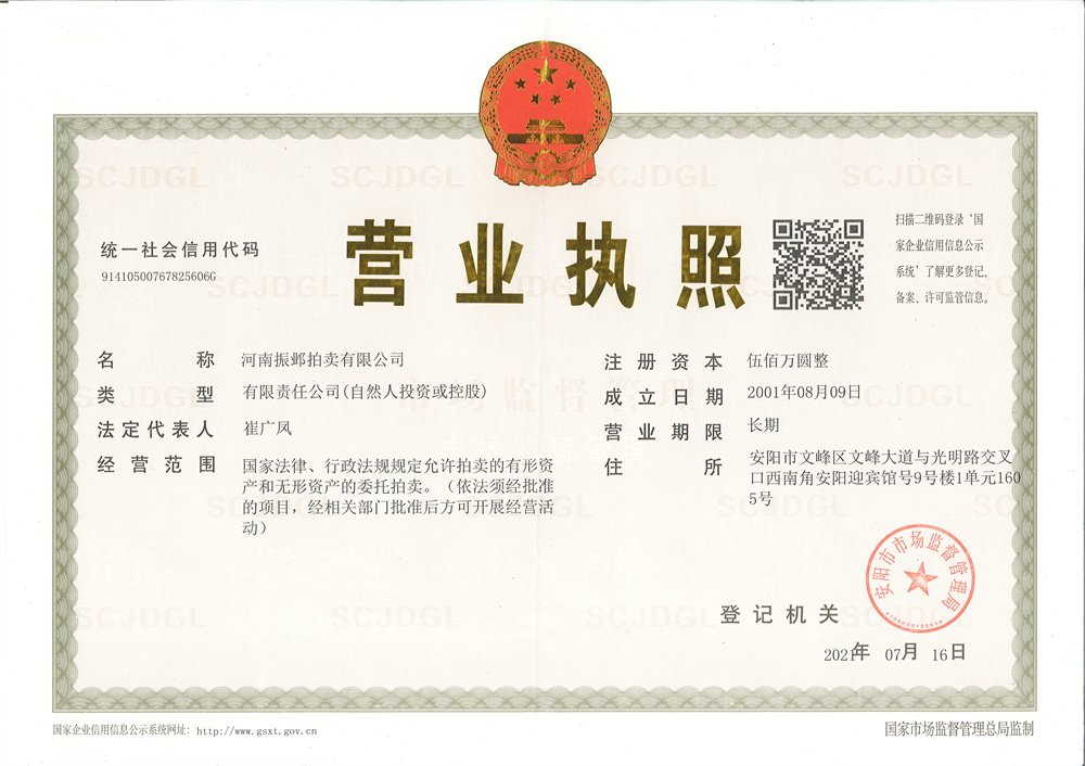 河南振邺拍卖营业执照 正本